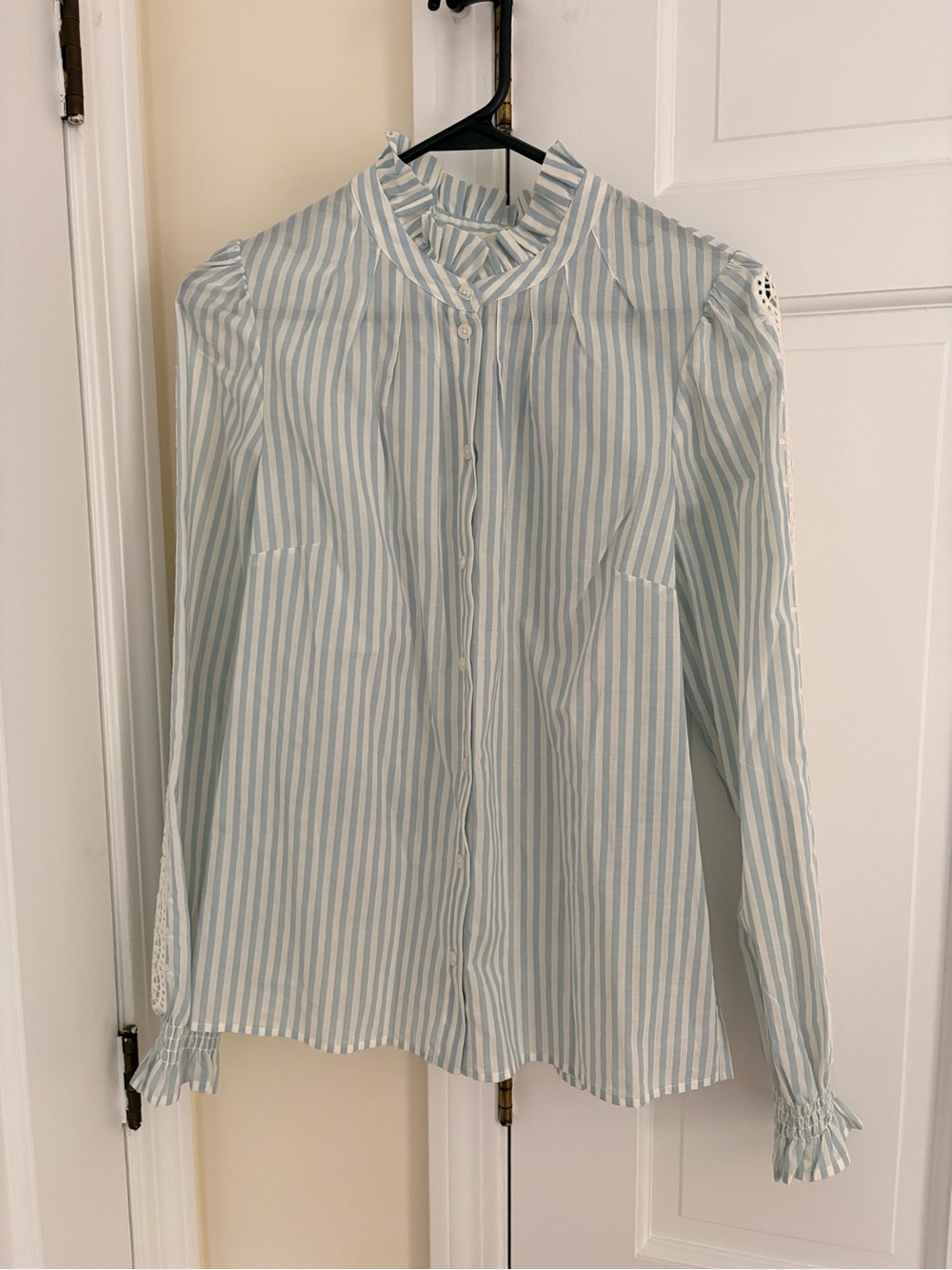 Boden Light Blue and White Striped Ruffle-Collar Button Blouse